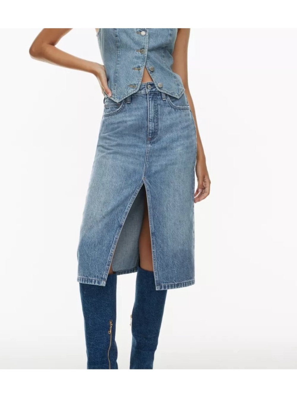 Aritzia Light Blue Midi Denim Skirt with Center Front Slit